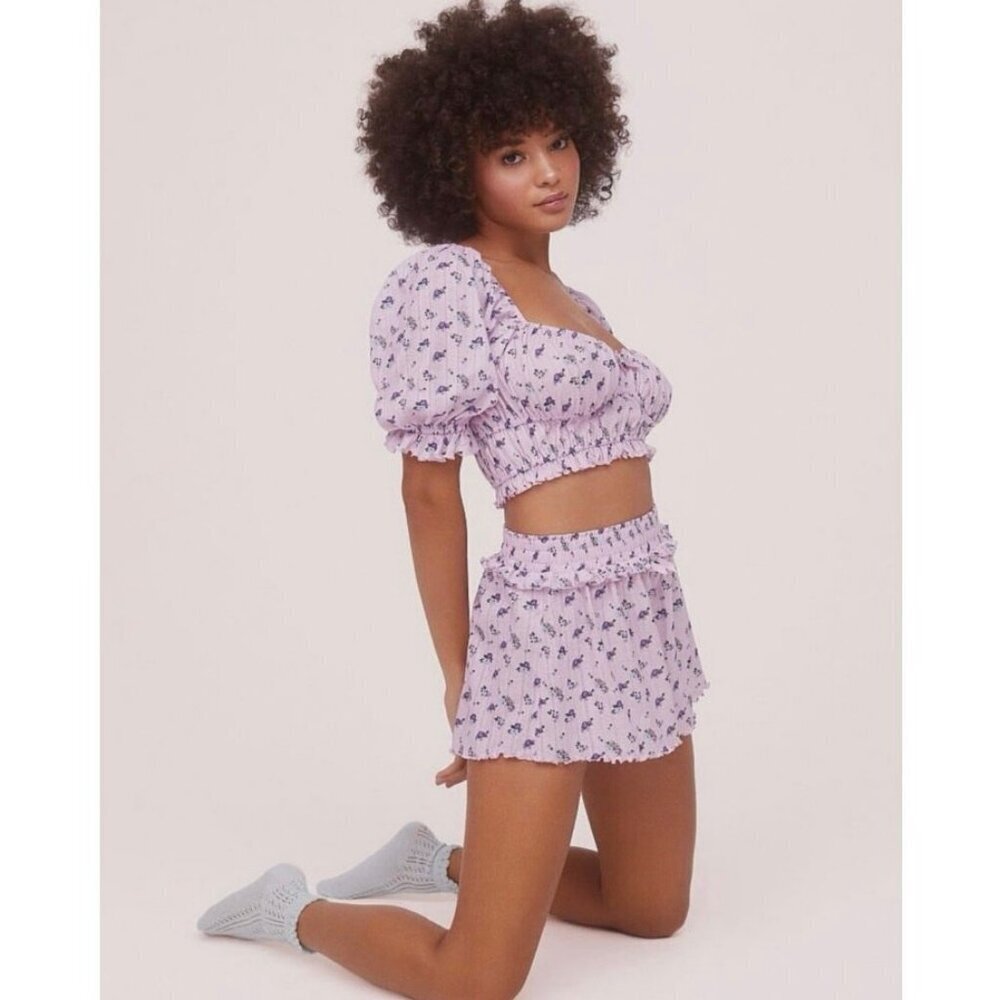 For Love & Lemons Lola Pointelle Pajama Set Lilac Floral Crop Top Shorts S EUC